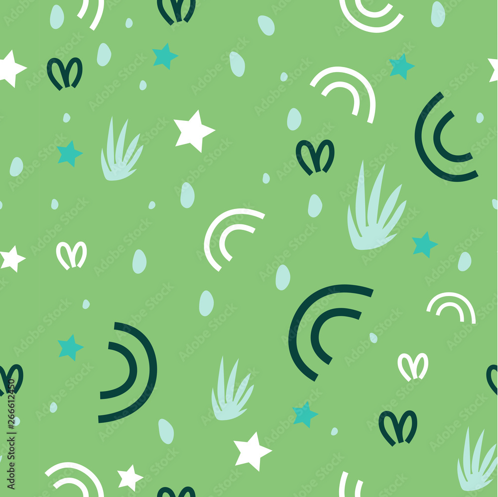 Seamless pattern with elements of plants, grass, stars, curls, dots on green grass background. Design for fabric, for Wallpaper, textiles, books, printing, magazine Seamless pattern with elements of plants, grass, stars, curls, dots on green grass background. Design for fabric, for Wallpaper, textiles, books, printing, magazine