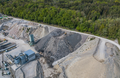 Aerial view of wheel loader in quarry