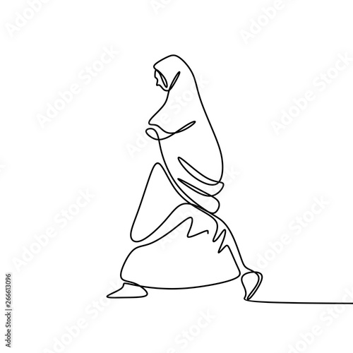 Muslim hijab girl walking one continuous line drawing wearing burka