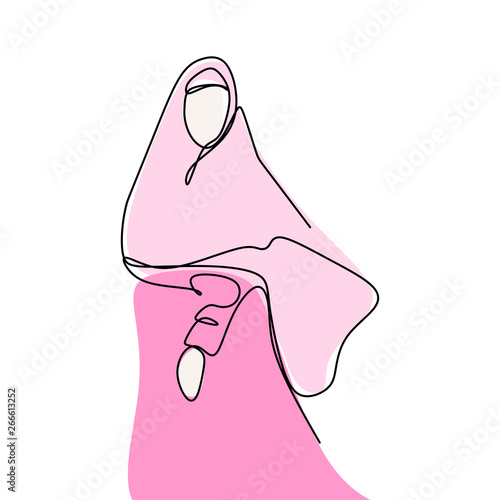 Women wearing hijab scarf continuous one line drawing muslim figure illustration