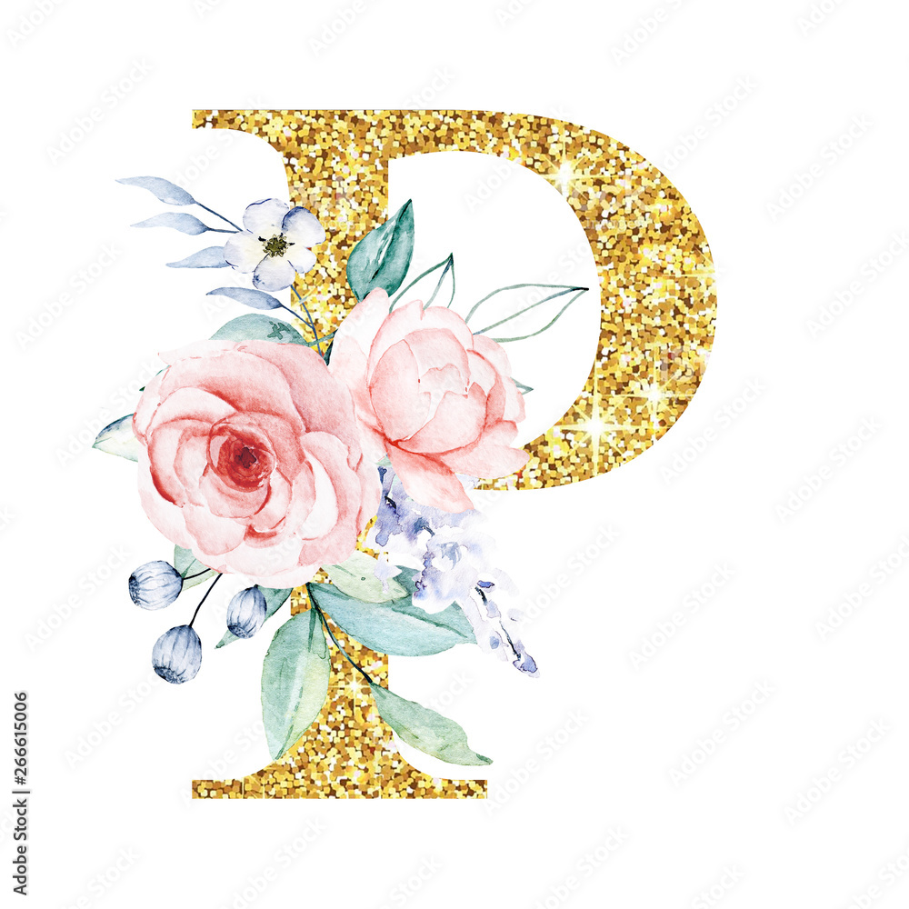 Floral alphabet, letter P with watercolor flowers and leaf. Gold