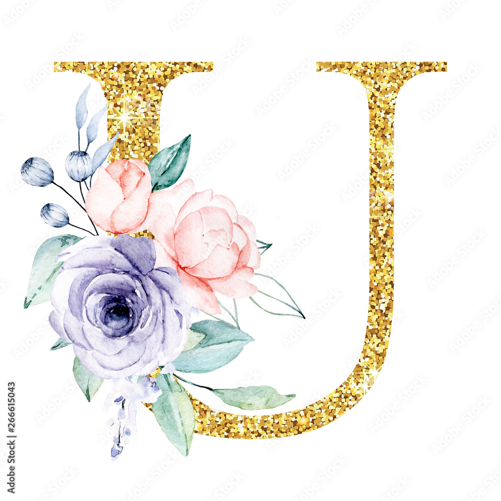 Floral alphabet, letter U with watercolor flowers and leaf. Gold glitter  monogram initials perfectly for wedding invitation, greeting card, logo and  other. Holiday design hand drawn. Stock Illustration
