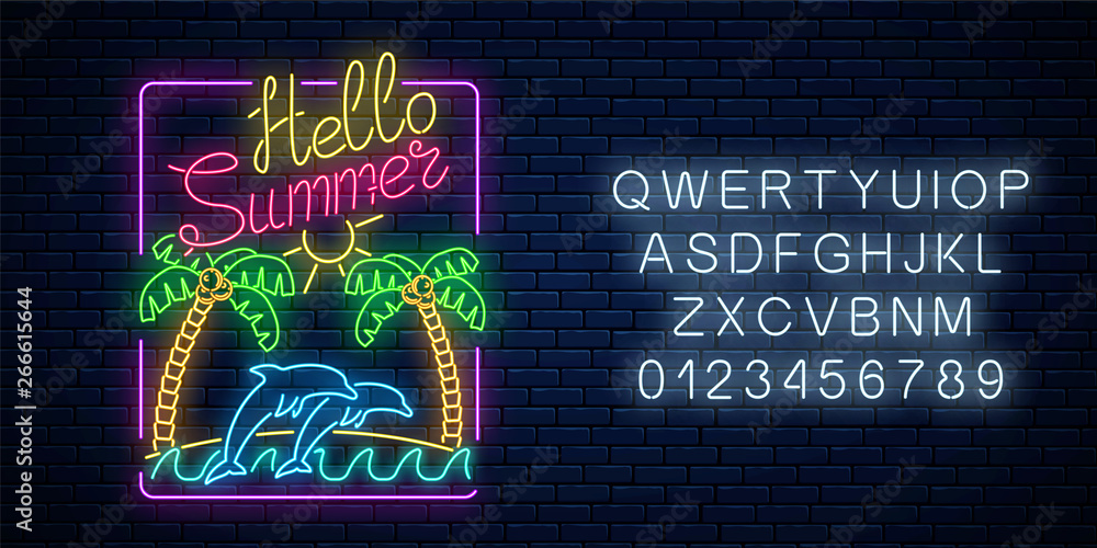 Glowing neon hello summer sign with palms, island, dolphins in ocean and text with alphabet. Shiny summertime symbol