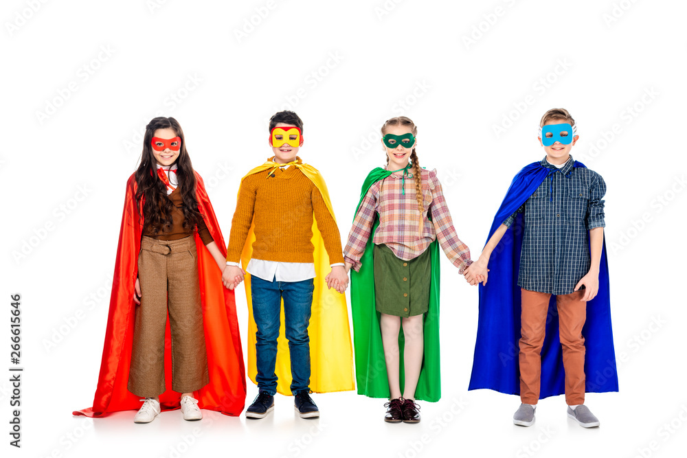 happy kids in superhero costumes and masks holding hands On White