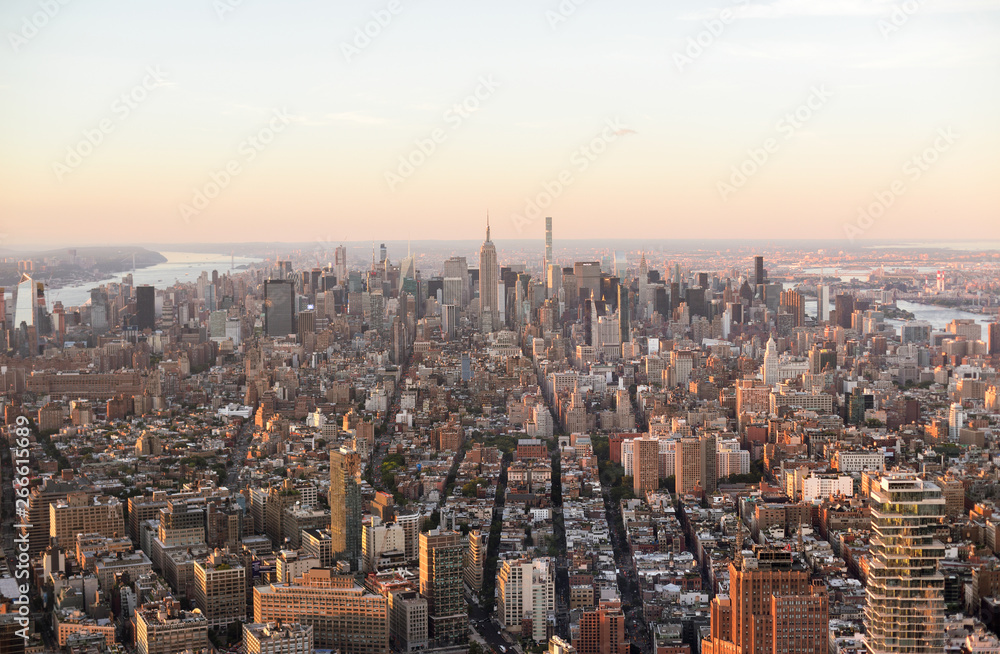 General view of Manhattan, New York City from One World Observatory deck at One World Trade Center. 