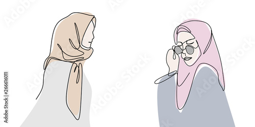 Continuous drawing one line of women wearing hijab fashionable style