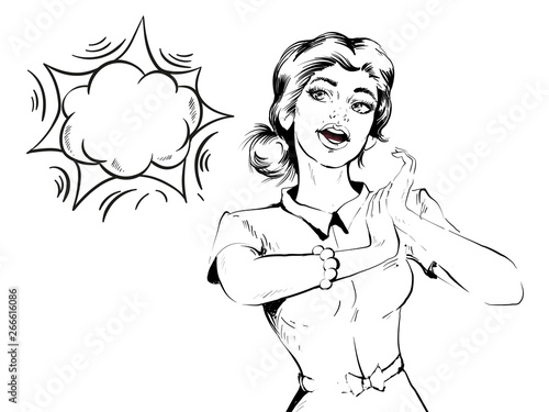 Wow female face. Sexy surprised young woman with open mouth, blond hair and speech bubble. Party invitation poster black and white line art illustration