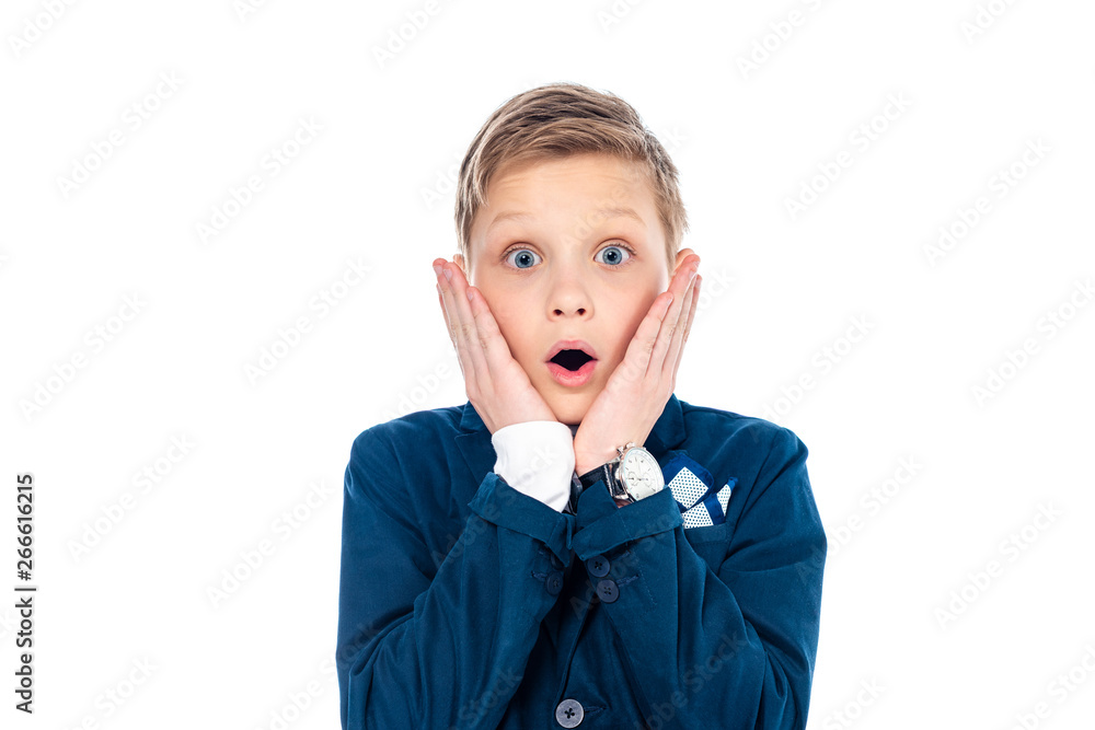 shocked schoolboy in formal wear touching face and looking at camera Isolated On White shocked schoolboy in formal wear touching face and looking at camera Isolated On White