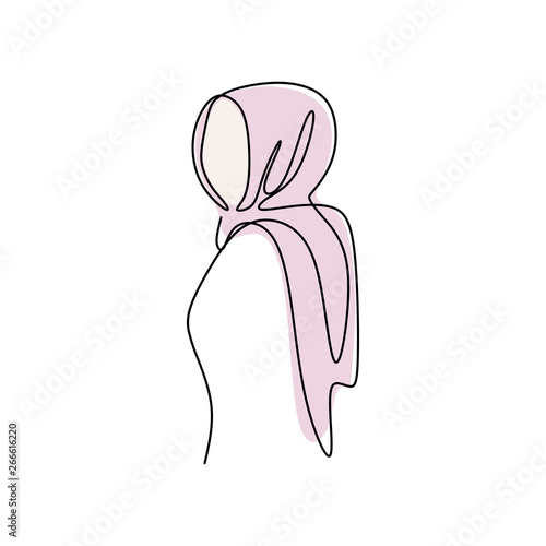 Modern girl wearing hijab fashion one continuous line drawing minimalist design