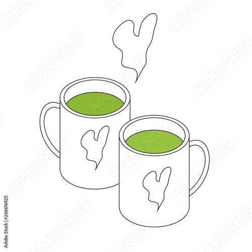 Two hot match drinks in cups. Isometry and lines. Logo for a cafe. Love and heart. Healthy green tea.