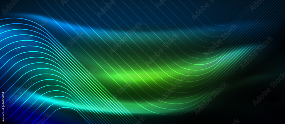 Neon glowing techno lines, hi-tech futuristic abstract background template with square shapes Neon glowing techno lines, hi-tech futuristic abstract background template with square shapes