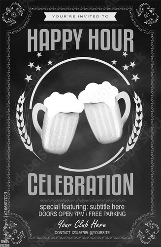 Vintage chalk drawing for a happy hour at the bar. Lettering with banner on the grunge background. Black and white pattern EPS 10. To see similar, please VISIT MY PORTFOLIO