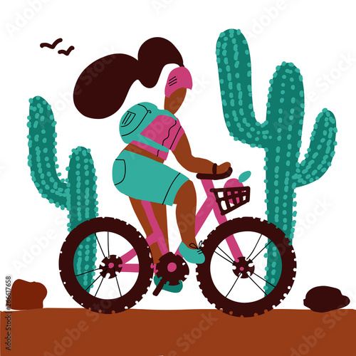 Young woman with a backpack and wearing a helmet rides a mountain bike alonf big cactuses. Isolated white background cartoon vector doodle drawing. Cute lady on Active vacation in derest.