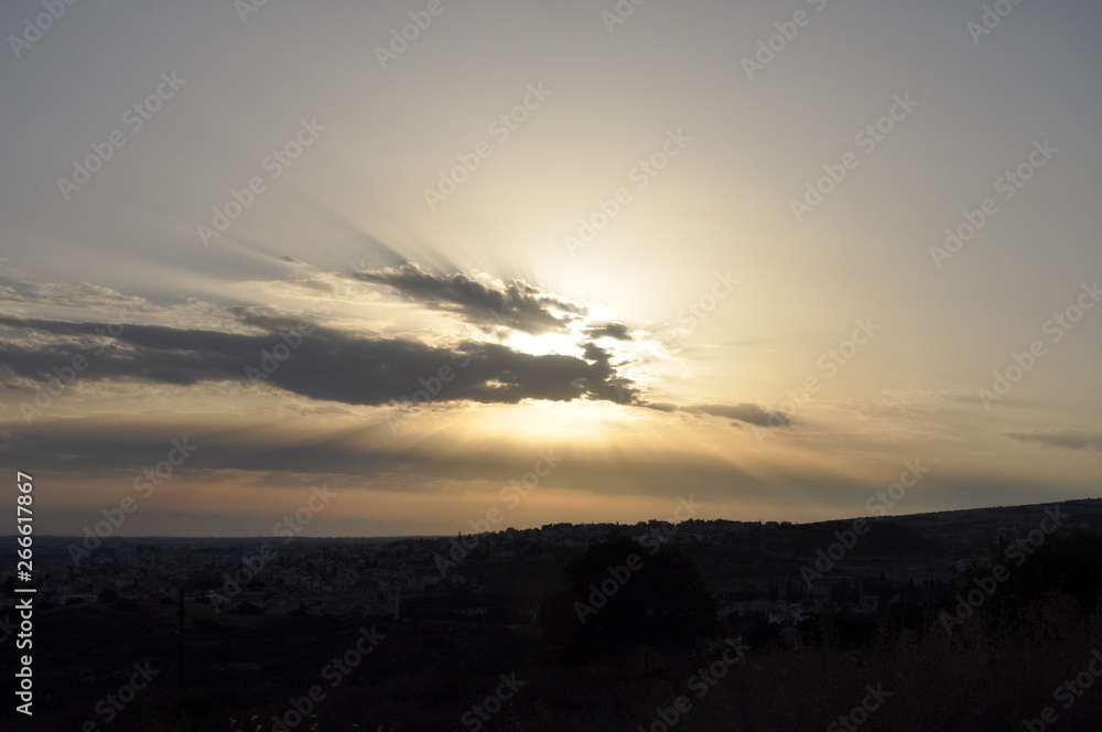 The beautiful natural mountain landscape in the Cyprus massif in the background at sunset