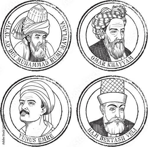 Islamic philosophers portraits stamp set, illustration