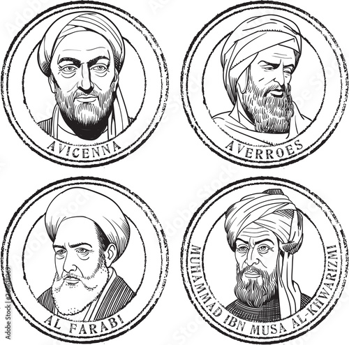 Islamic scientists portraits stamp set, illustration photo