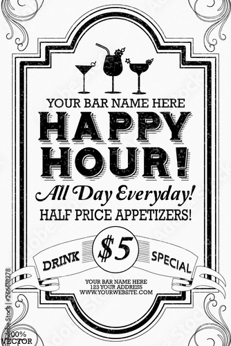 Happy hour flyer design on chalkboard. Beautiful greeting card poster with beer mug and lettering. Hand drawn, design elements. It can be useful whether it is a specific show, club event.