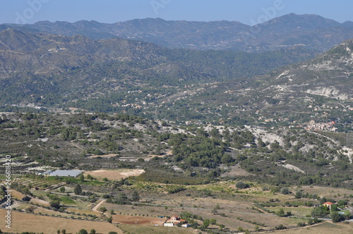 The beautiful natural mountain landscape in the Cyprus massif in the background at sunset