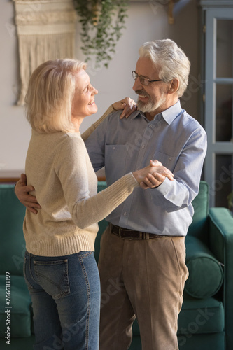 Vertical photo, mature loving couple, wife and husband dancing at home