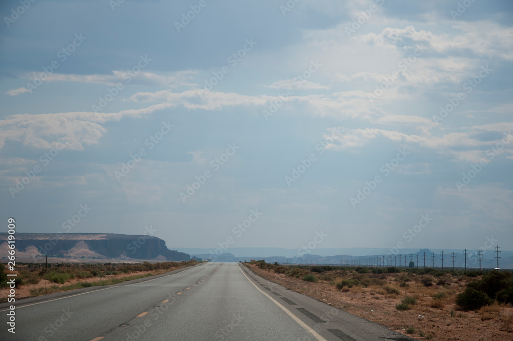 Empty road with telegraph poles in desert USA