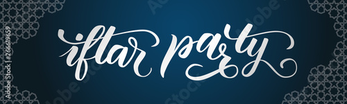 Ramadan greeting card on blue background. Iftar party modern brush calligraphy. Vector illustration.