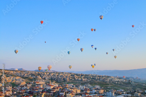 Flight of balloons over the city of Goreme in Turkey.
