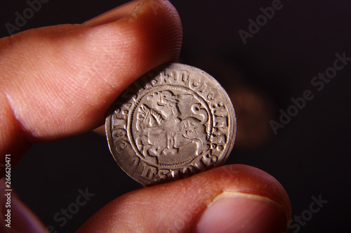Collector investigates old Grand Duchy of Lithuania coin  half-grosz photo