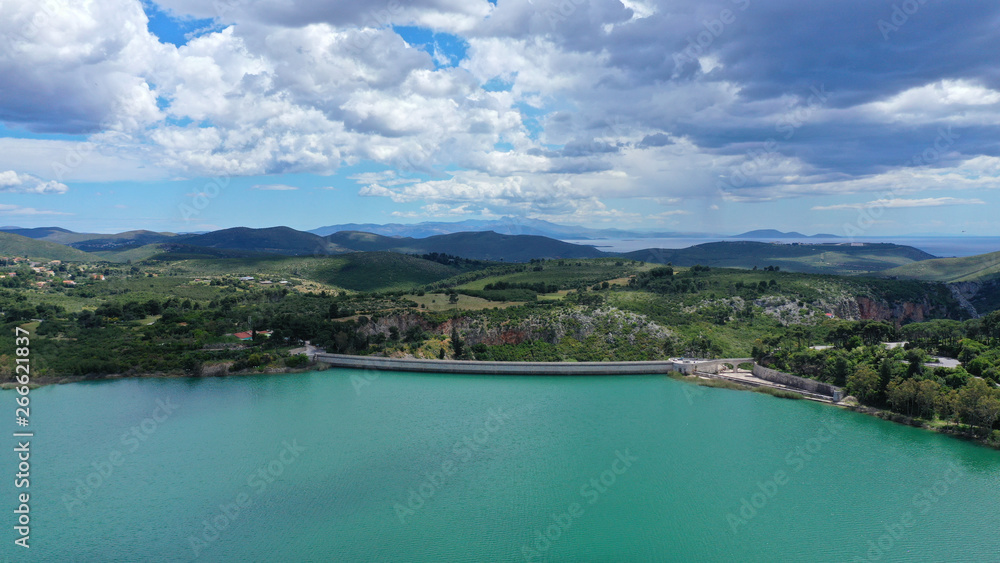Aerial drone panoramic view of famous dam and lake of Marathon with beautiful clouds, North Attica, Greece Aerial drone panoramic view of famous dam and lake of Marathon with beautiful clouds, North Attica, Greece