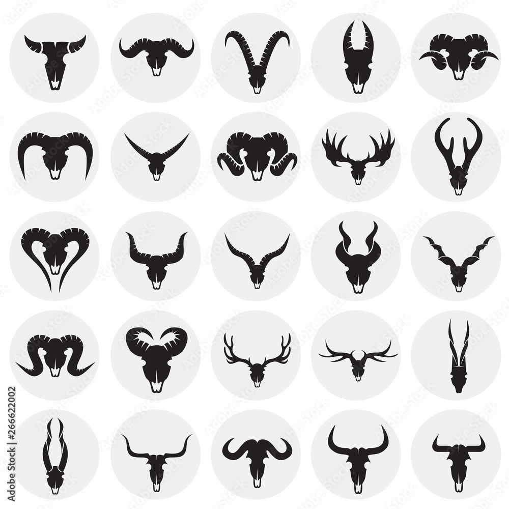 Animal skull icons set on circles background for graphic and web design. Simple vector sign. Internet concept symbol for website button or mobile app.