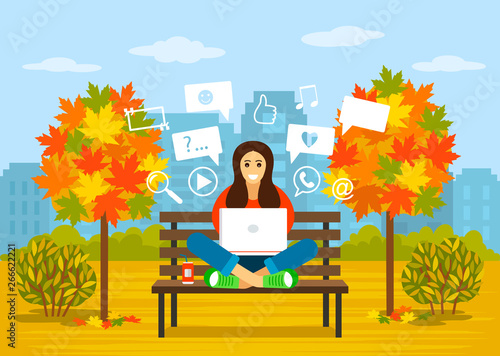 A beautiful young girl is sitting in a park in autumn with a laptop for searching information on the Internet. concept of modern man and communication, learning online. vector illustration