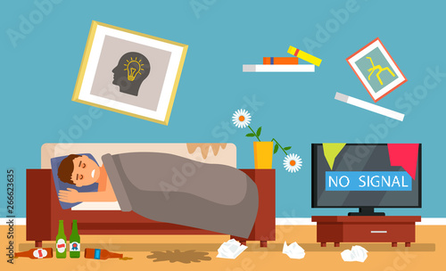 Young alcoholic guy sitting on the couch after a hangover with bottles of beer in a dirty room. flat vector illustration