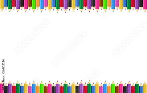 Horizontal poster frame with colored pencils on the edges in the background. Vector illustration.
