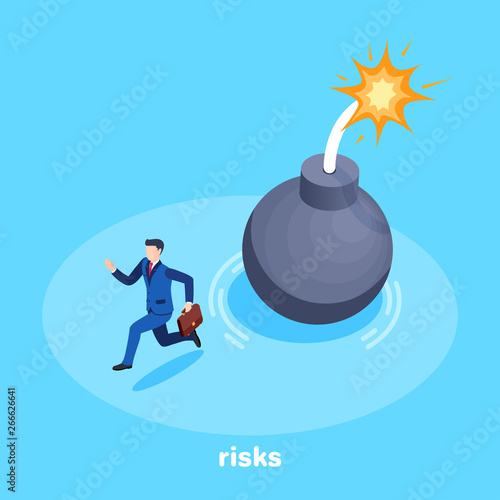 isometric vector image on a bare background, a man in a business suit with a briefcase runs away from a bomb with a burning beast, risks and threats in business