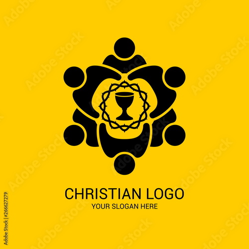 Church logo and biblical symbols. The unity of believers in Jesus Christ, the worship of God, participation in the evening of the Lord and the reading of the Holy Scriptures.