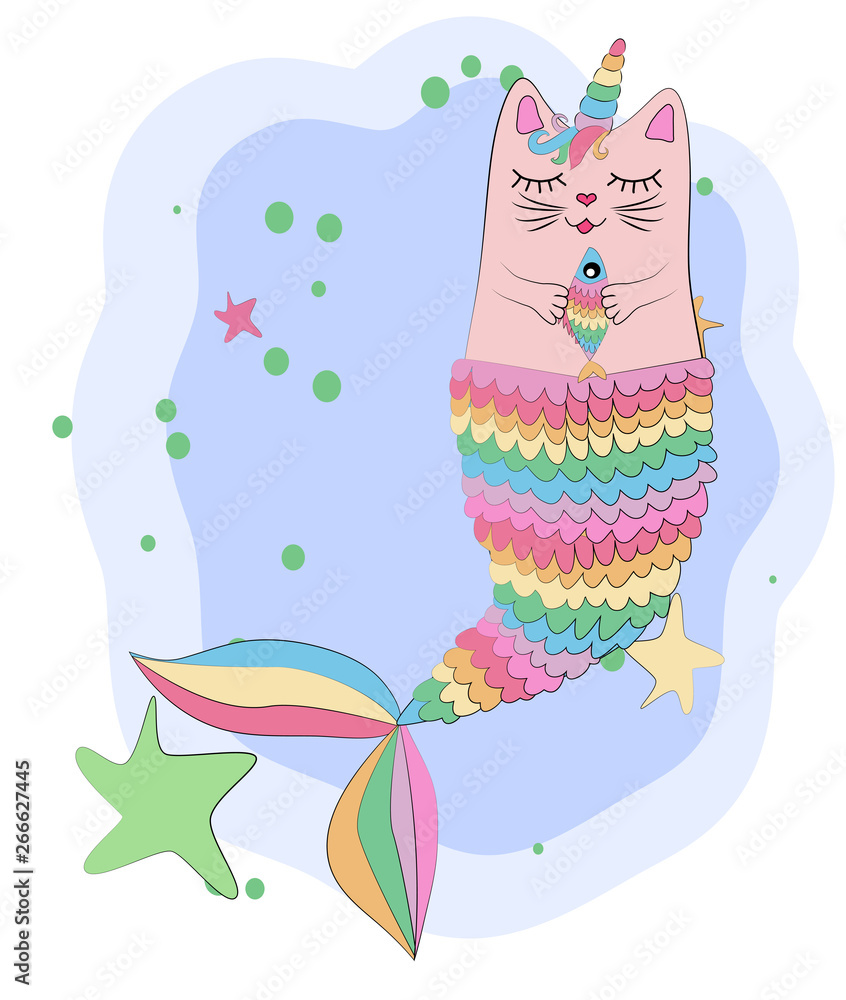 Cat unicorn with a mermaid's tail in the colors of the rainbow