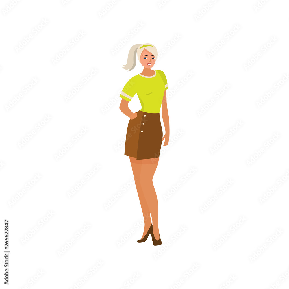 Cute sexy blonde girl in green tshirt and brown skirt Cute sexy blonde girl in green tshirt and brown skirt