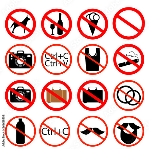 Set of prohibited signs on white background . Symbol, illustration
