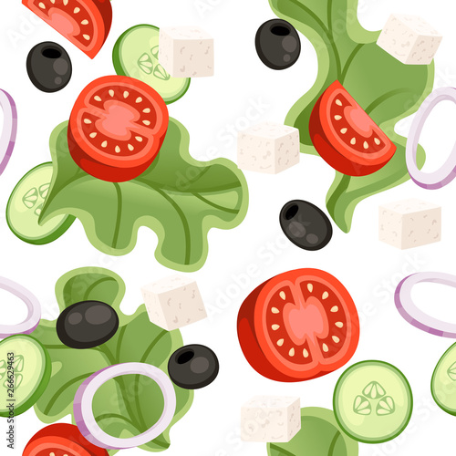 Seamless pattern. Vegetables salad recipe. Greek salad ingredient. Fresh vegetables cartoon icon design food. Flat vector illustration on white background