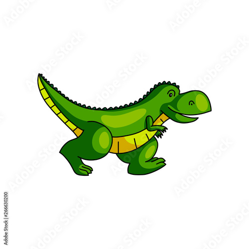 Cute colorful green dinosaur running away from zoo