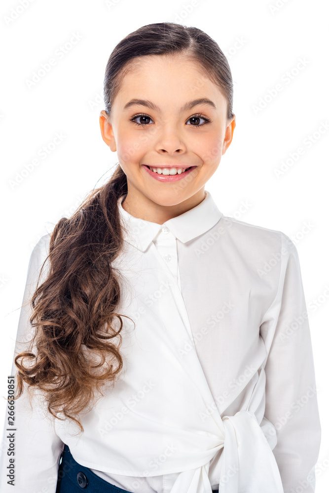 adorable schoolgirl in formal wear looking at camera and smiling Isolated On White adorable schoolgirl in formal wear looking at camera and smiling Isolated On White