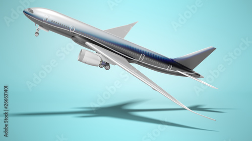 Passenger plane takes off side view 3d render on blue background with shadow