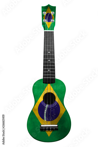 Hawaiian national guitar, ukulele, with a painted Brazil flag, on a white isolated background, as a symbol of folk art or a national song.