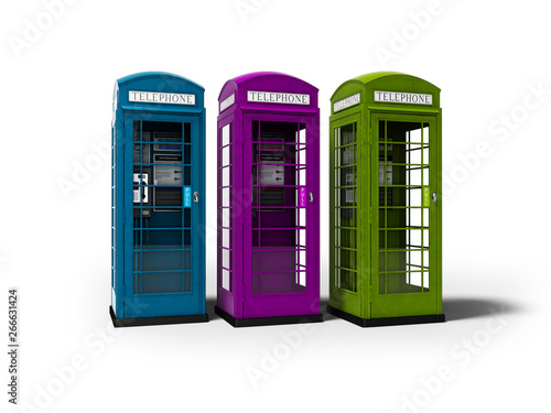 Three telephone booths for talking for money 3d render on white background with shadow