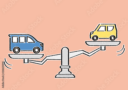 揺れ動く天秤に乗る軽自動車と普通車(背景色あり)