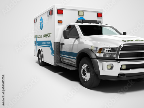 Ambulance with blue accents 3d render on gray background with shadow
