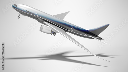Passenger plane takes off side view 3d render on gray background with shadow