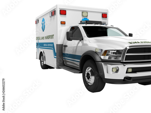 Ambulance with blue accents 3d render on white background no shadow