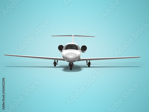 White business plane front view 3d render on blue background with shadow