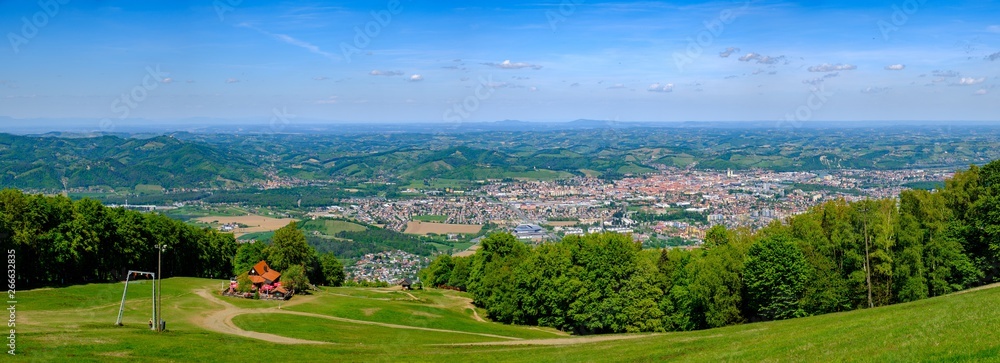 Panoramic view of Maribor, Slovenia from Pohorje, mountain hut luka in front
