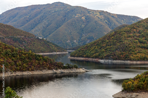 Sunset ladscape of Vacha (Antonivanovtsi) Reservoir, Rhodope Mountains, Plovdiv Region, Bulgaria